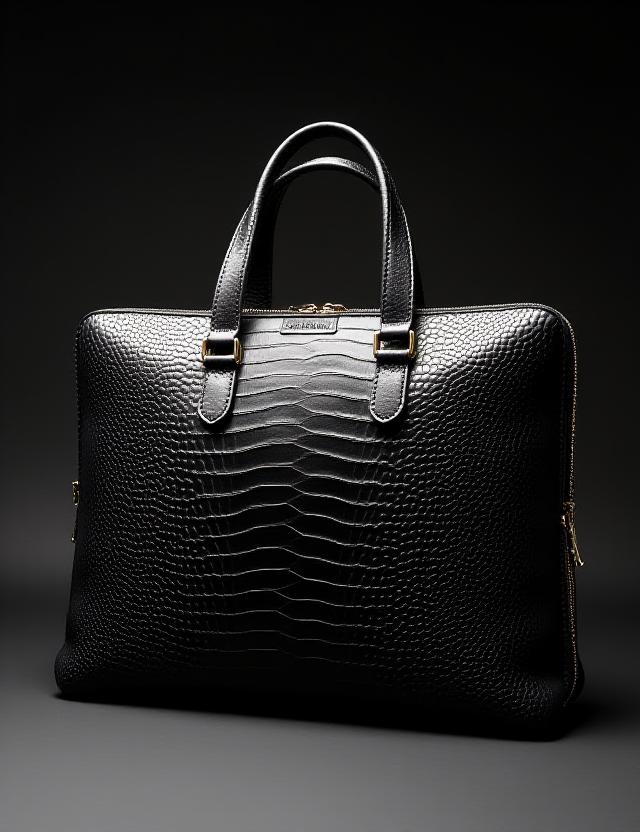 黒いエンボス加工された革のカイマンブリーフケース