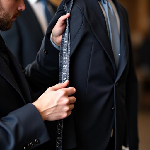 A tailor taking precise measurements for a custom suit jacket.