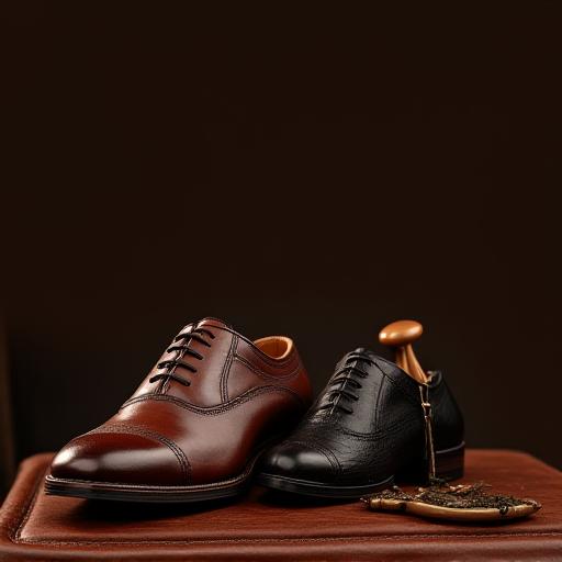 A pair of polished high-end leather oxford shoes next to a leather briefcase.