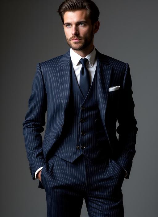 A man wearing a sharp three-piece navy pinstripe suit.
