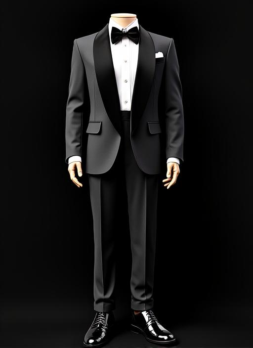 A complete tuxedo look with a bowtie and patent leather shoes.